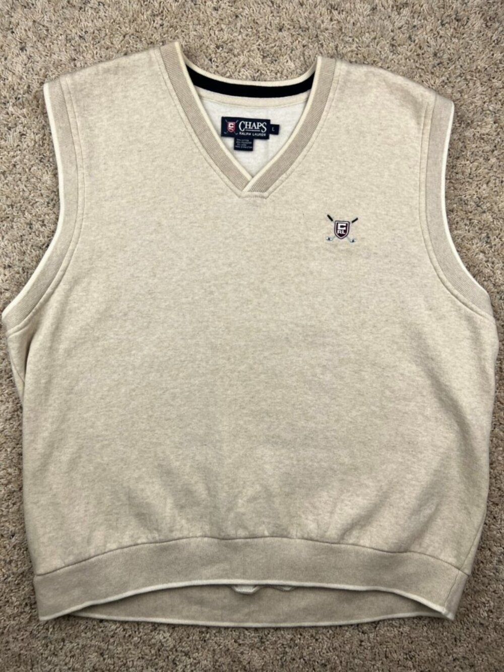 Chaps Ralph Lauren GOLFING Vest Mens Large Beige Linen Cotton Fleece Lined